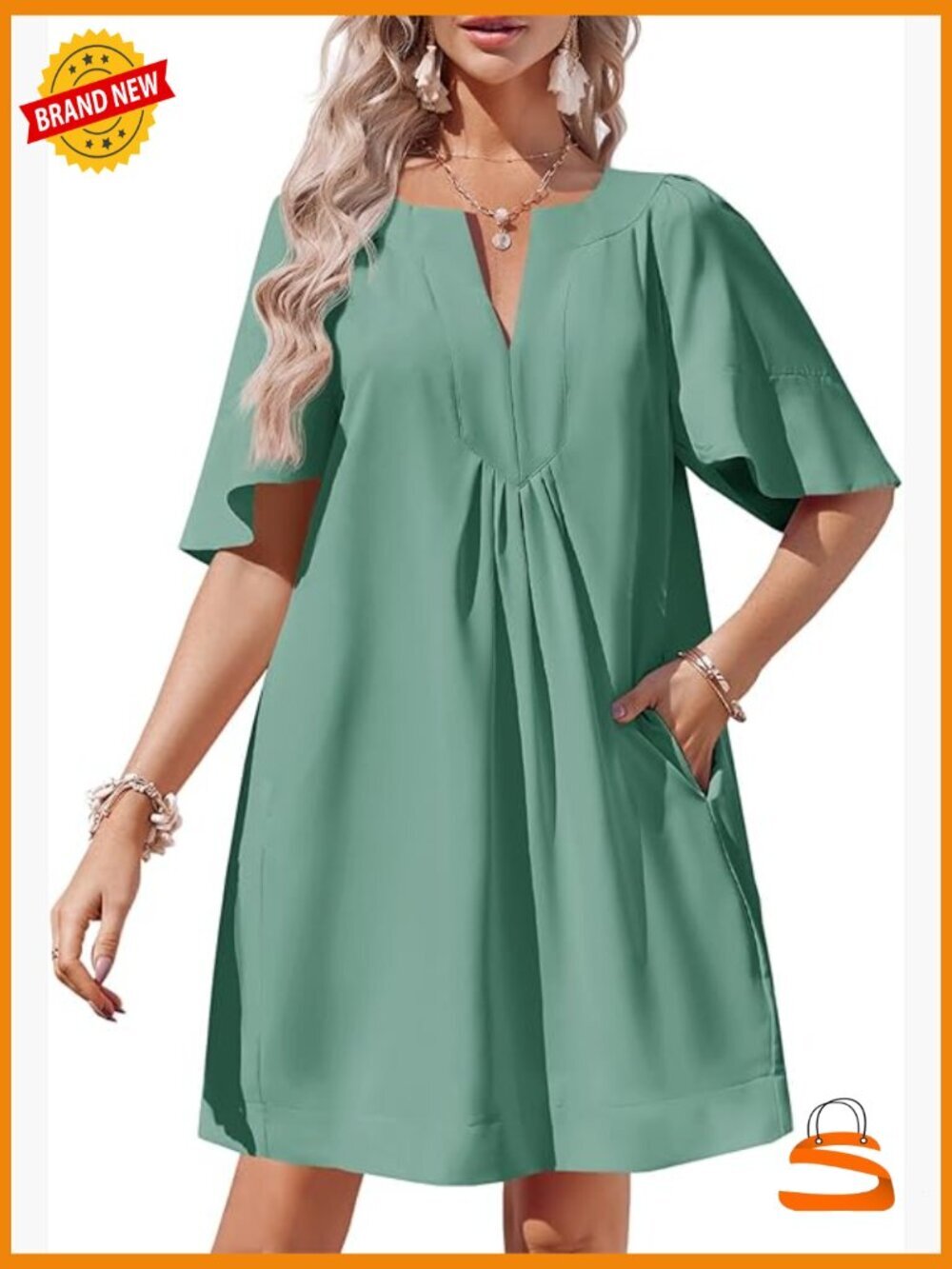 Flutter Short Sleeve Mini Dress Casual V Neck Loose Flowy Summer Shift Dress